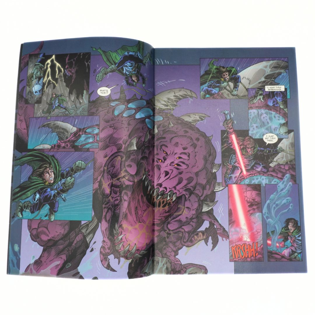 Comic book open to a page with colorful illustrations of characters and creatures on a purple background.