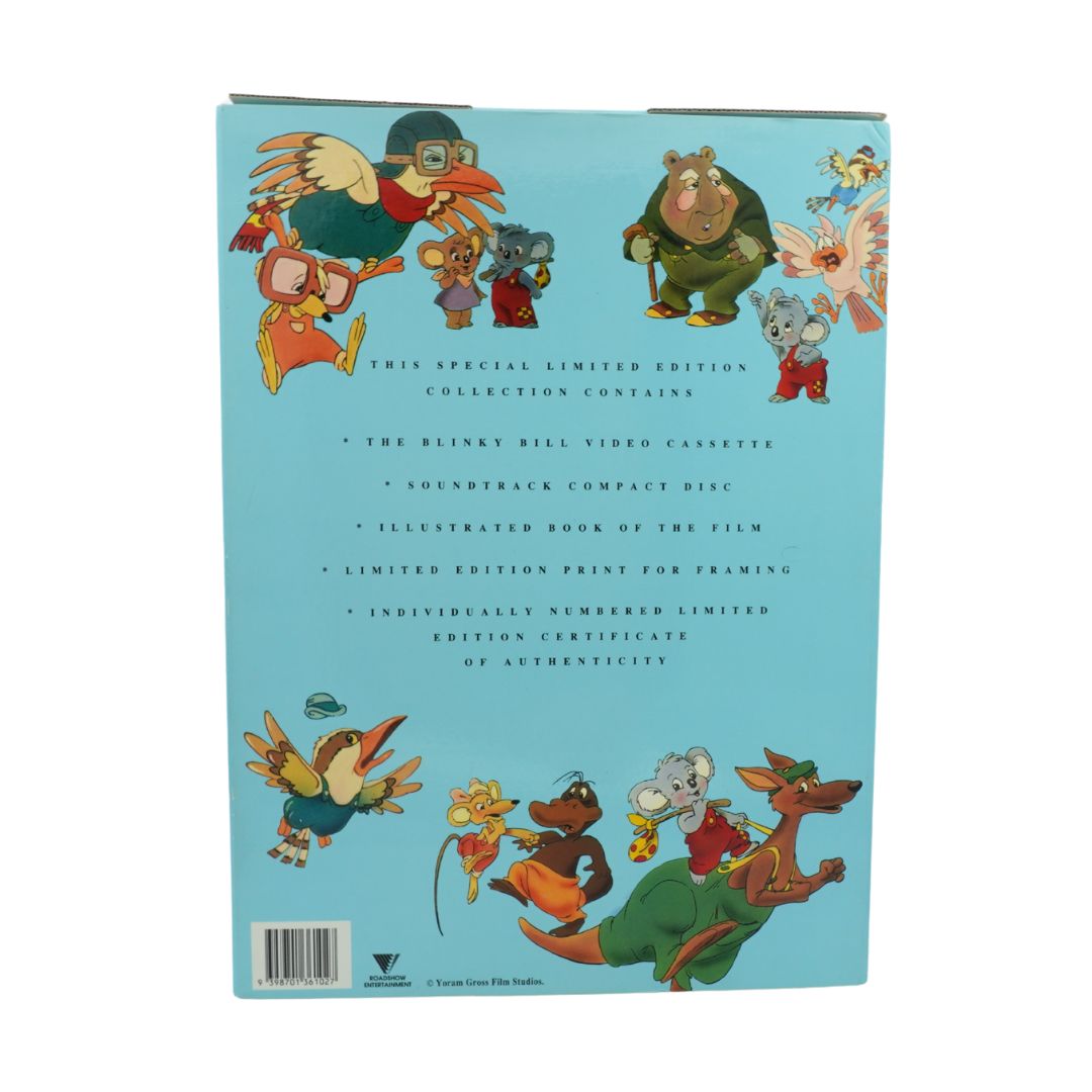 Back cover of a collectible item with animated characters and text on a blue background