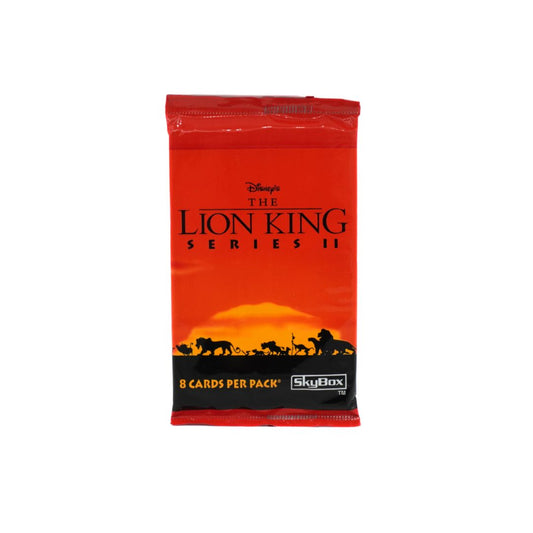 A red and orange pack of Disney's The Lion King Series II trading cards, featuring the movie's silhouette artwork and a visible SkyBox logo near the bottom.