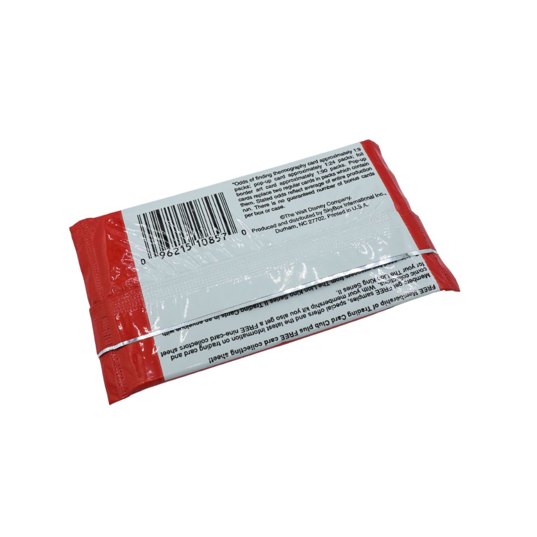 A sealed red and white product package photographed on a plain white background, showing a barcode and small printed text on the front.