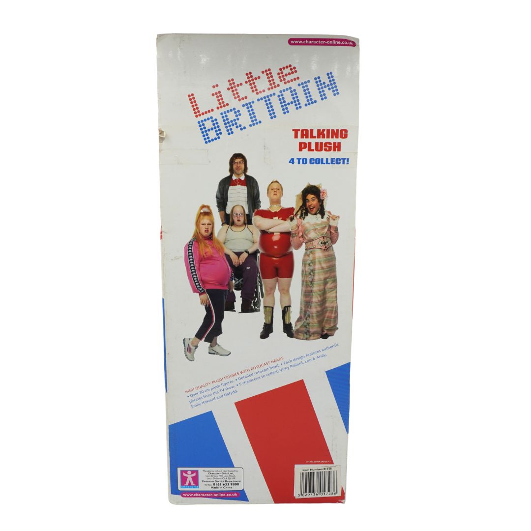 The back of a 'Little Britain Talking Plush 4 to Collect' toy box, featuring the show's logo and illustrations of the four characters, on a white background.