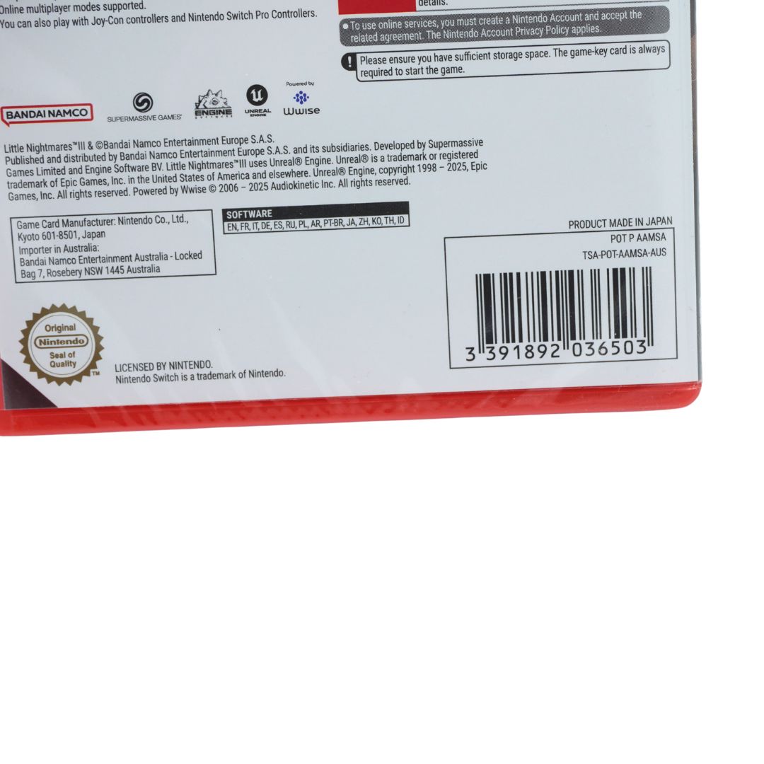 Back cover of a Nintendo Switch game box, showing printed text, barcode, and logos including Bandai Namco, Nintendo, Super Smash Bros., and Nintendo Switch.