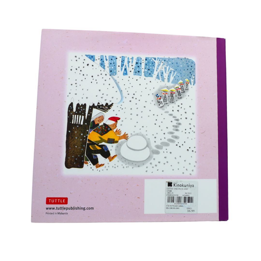 The back cover of a Tutele Publishing book sold by Kinokuniya, featuring a light pink border, a central winter illustration with a figure and a line of small figures, and a white barcode label at the bottom.