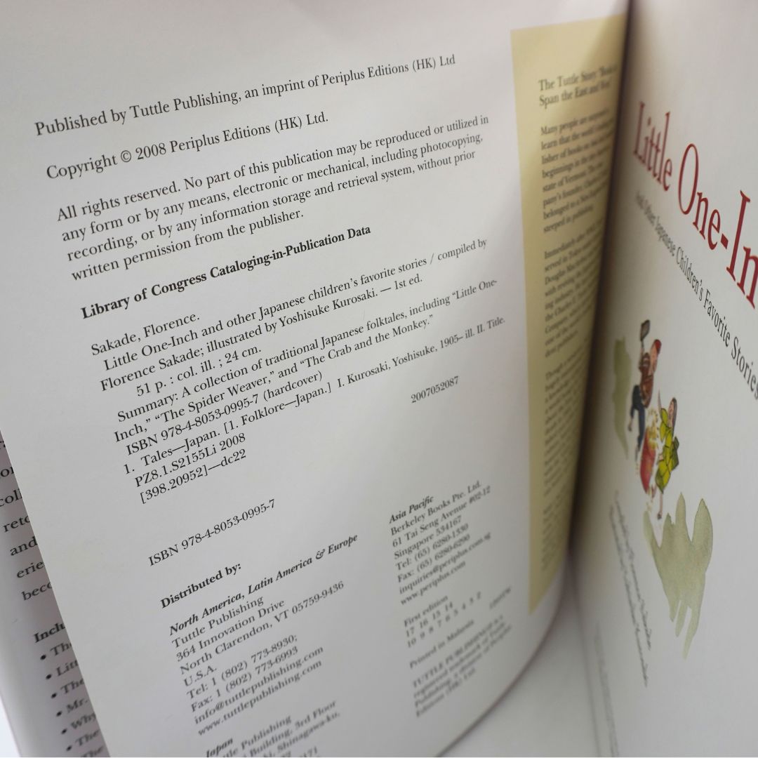An open book showing printed copyright and cataloging text on one page and the title page for 'Little One Inch' on the other, photographed close up at an angle.