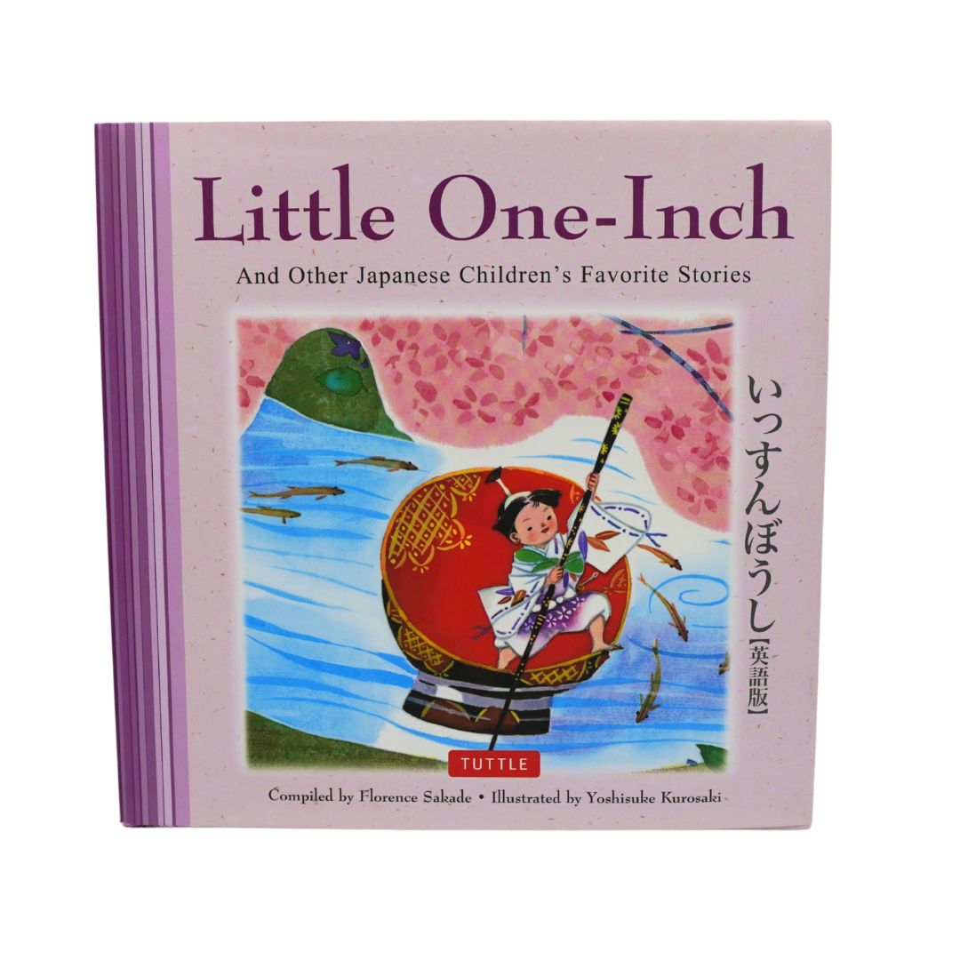 The front cover of the children's book 'Little One-Inch: And Other Japanese Children's Favorite Stories' by Tuttle. The cover is light pink with purple text and a central colorful illustration of a child in a red boat on blue water under pink cherry blossoms.