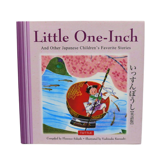 The front cover of the children's book 'Little One-Inch: And Other Japanese Children's Favorite Stories' by Tuttle. The cover is light pink with purple text and a central colorful illustration of a child in a red boat on blue water under pink cherry blossoms.