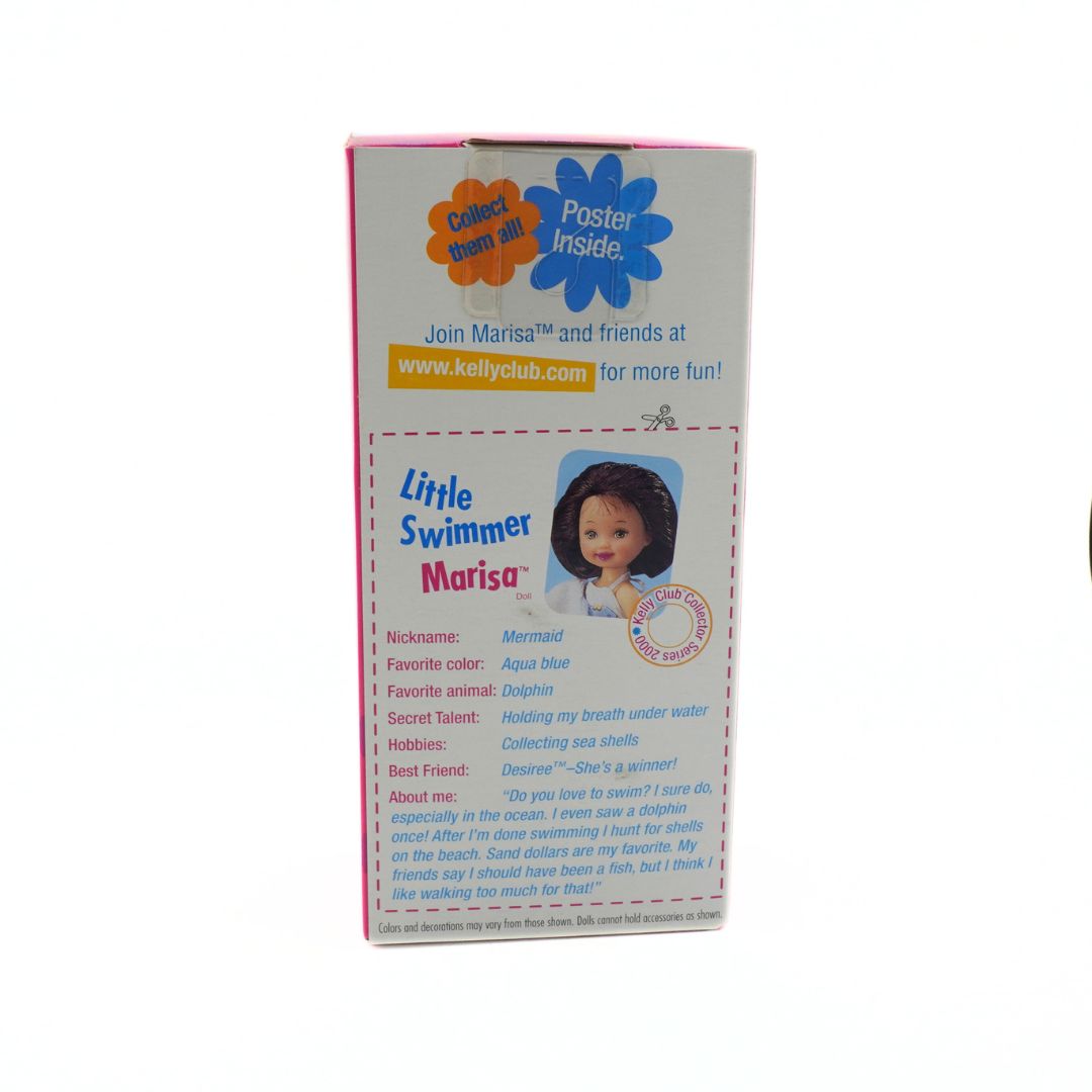 Box of a doll named 'Little Swimmer Marisa' with colorful graphics and text.