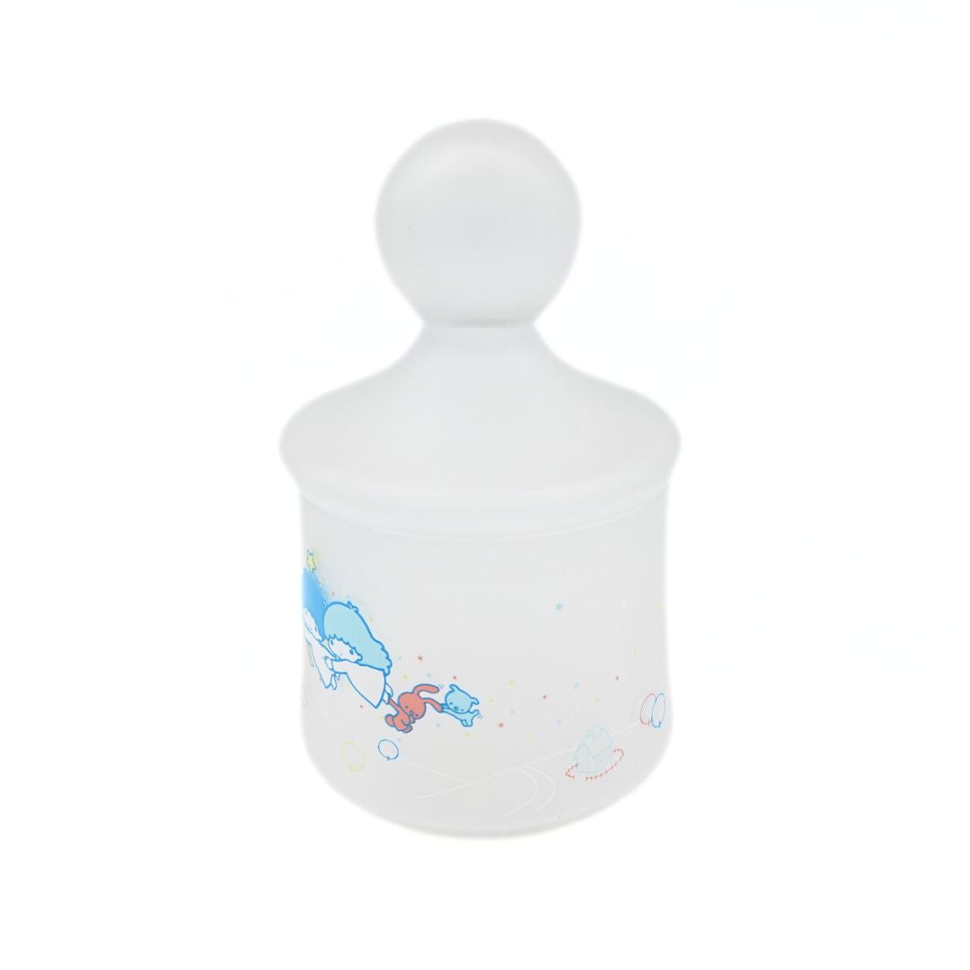 A 70's frosted glass Little Twinstar Candy Pot featuring a blue and white colour palette