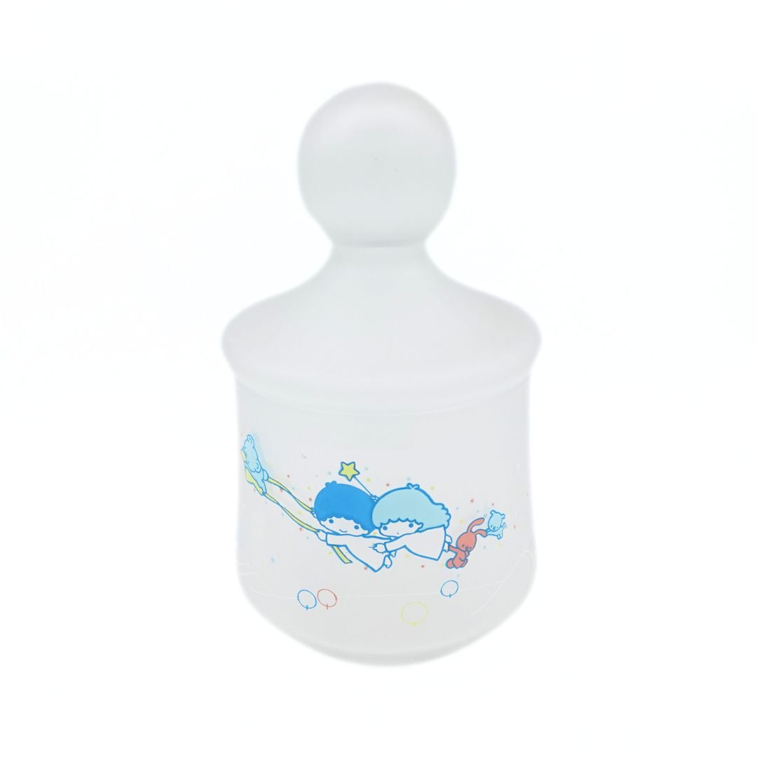 A 70's frosted glass Little Twinstar Candy Pot featuring a blue and white colour palette