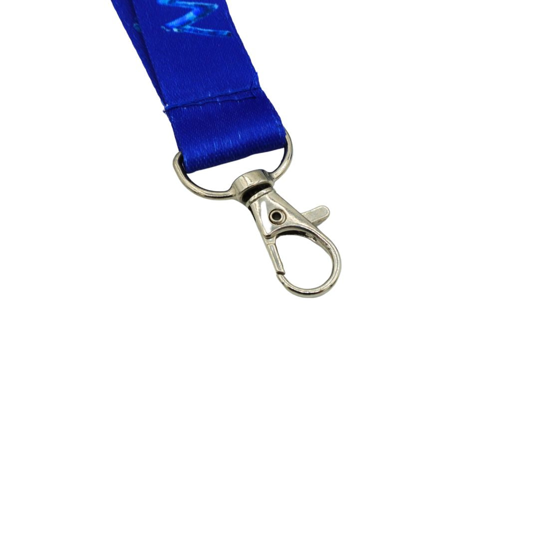 A close-up of a bright blue woven lanyard strap with a silver metal lobster clasp, shown against a plain white background.