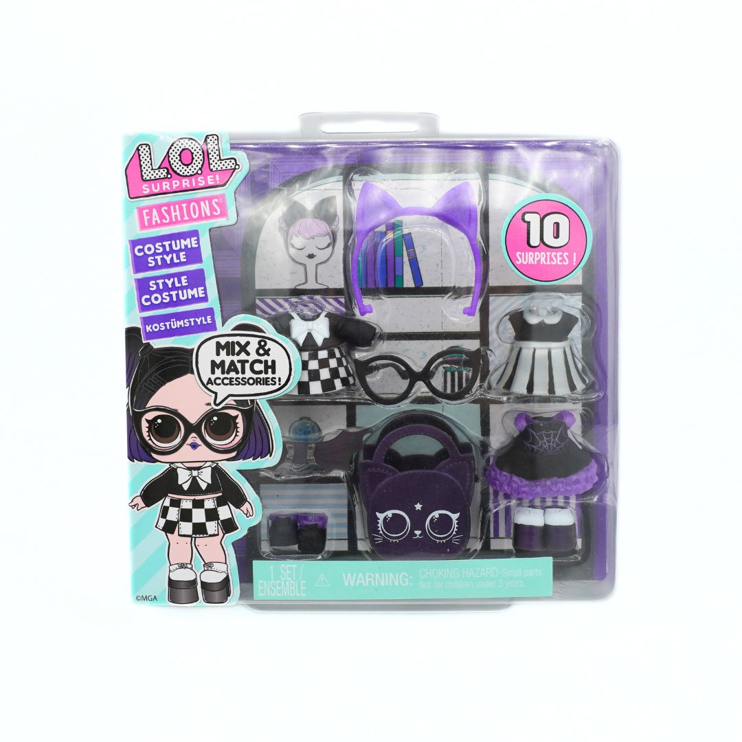 LOL Surprise! Fashions Costume Style costume accessory set in retail packaging, featuring a purple cat-themed outfit with checkered skirt, black cat glasses, purple cat ears, and matching accessories.