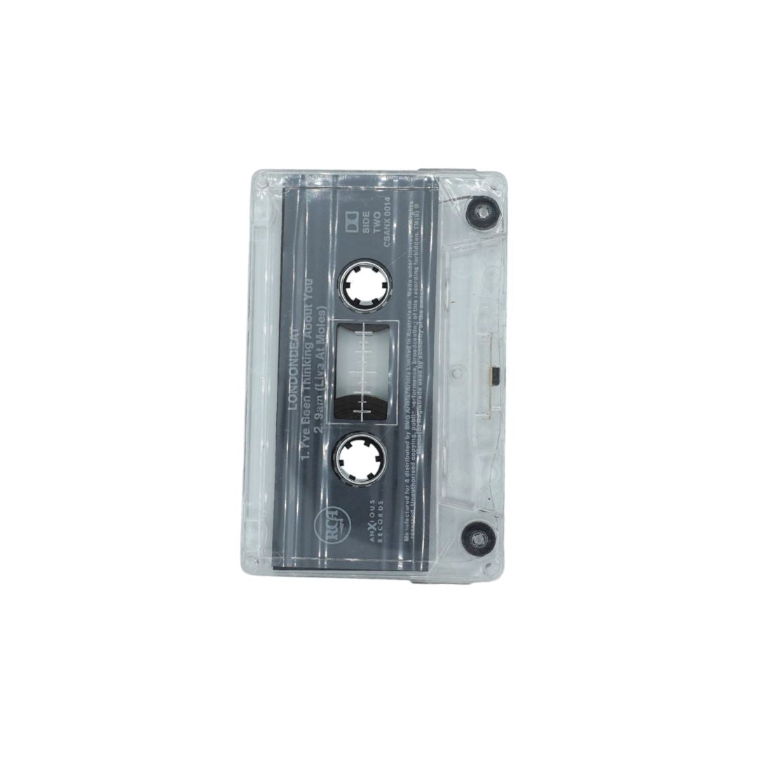 A clear plastic cassette tape case containing a dark gray cassette, shown from a top-down view on a solid white background.