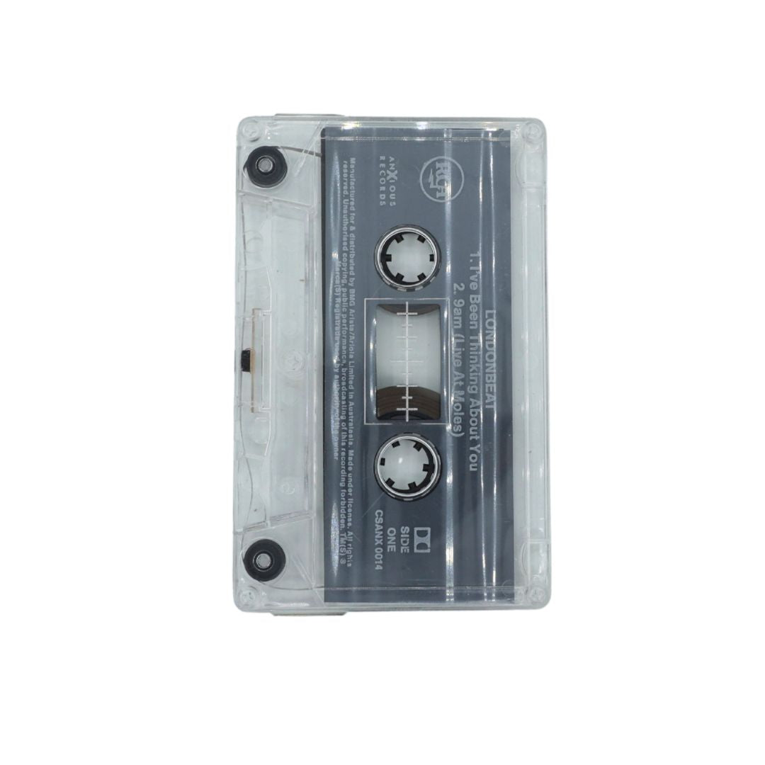 A clear plastic protective case enclosing a classic cassette tape, shown against a solid white background.