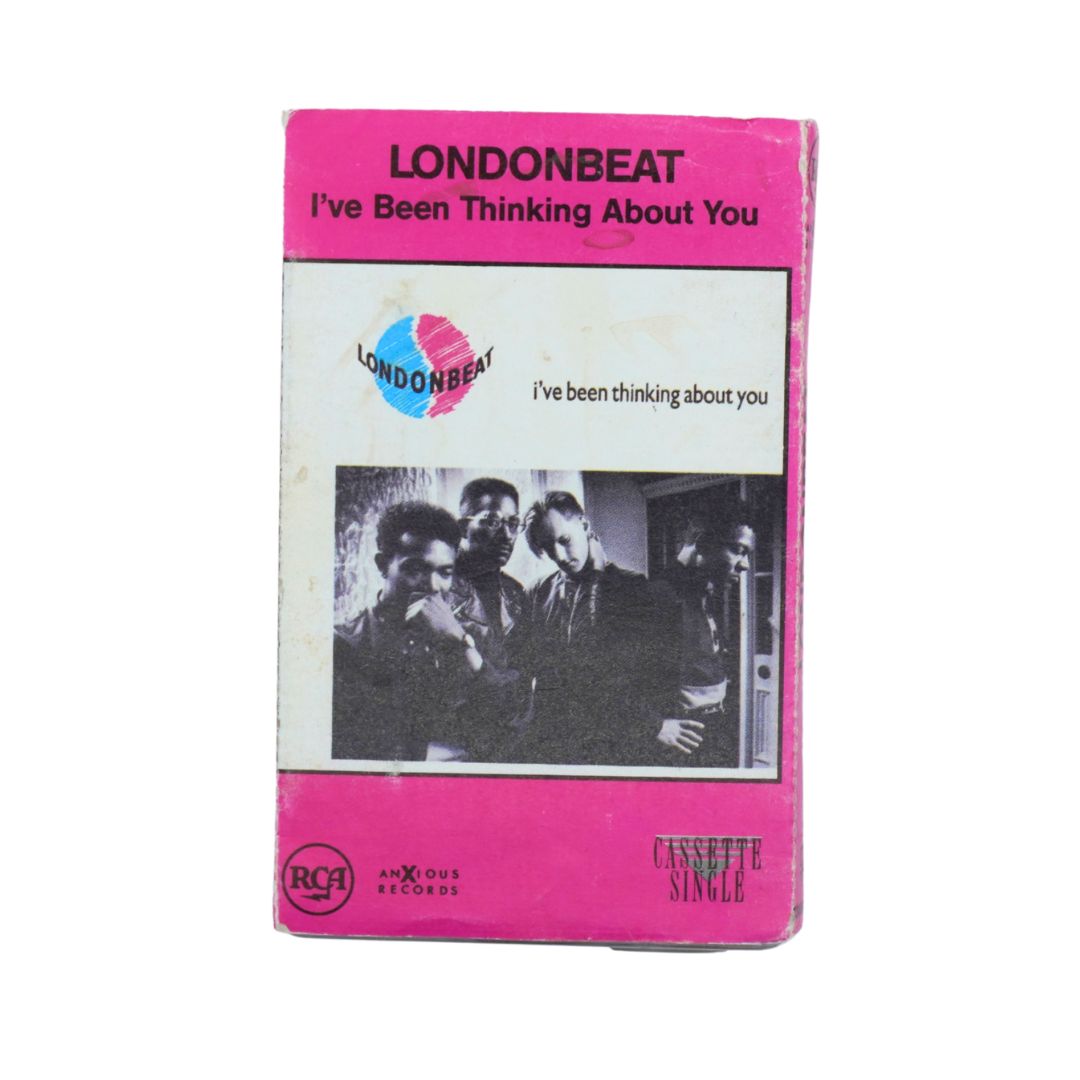 Vintage cassette single cover for Londonbeat's 'I've Been Thinking About You' on RCA Records, featuring a bright pink border and a black-and-white band photo on a white background.