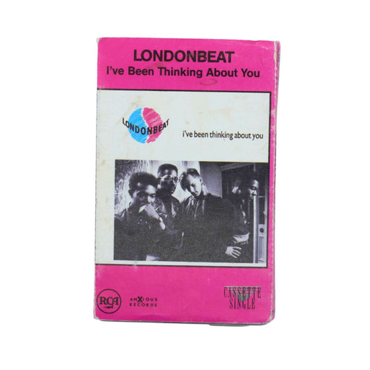 Vintage cassette single cover for Londonbeat's 'I've Been Thinking About You' on RCA Records, featuring a bright pink border and a black-and-white band photo on a white background.