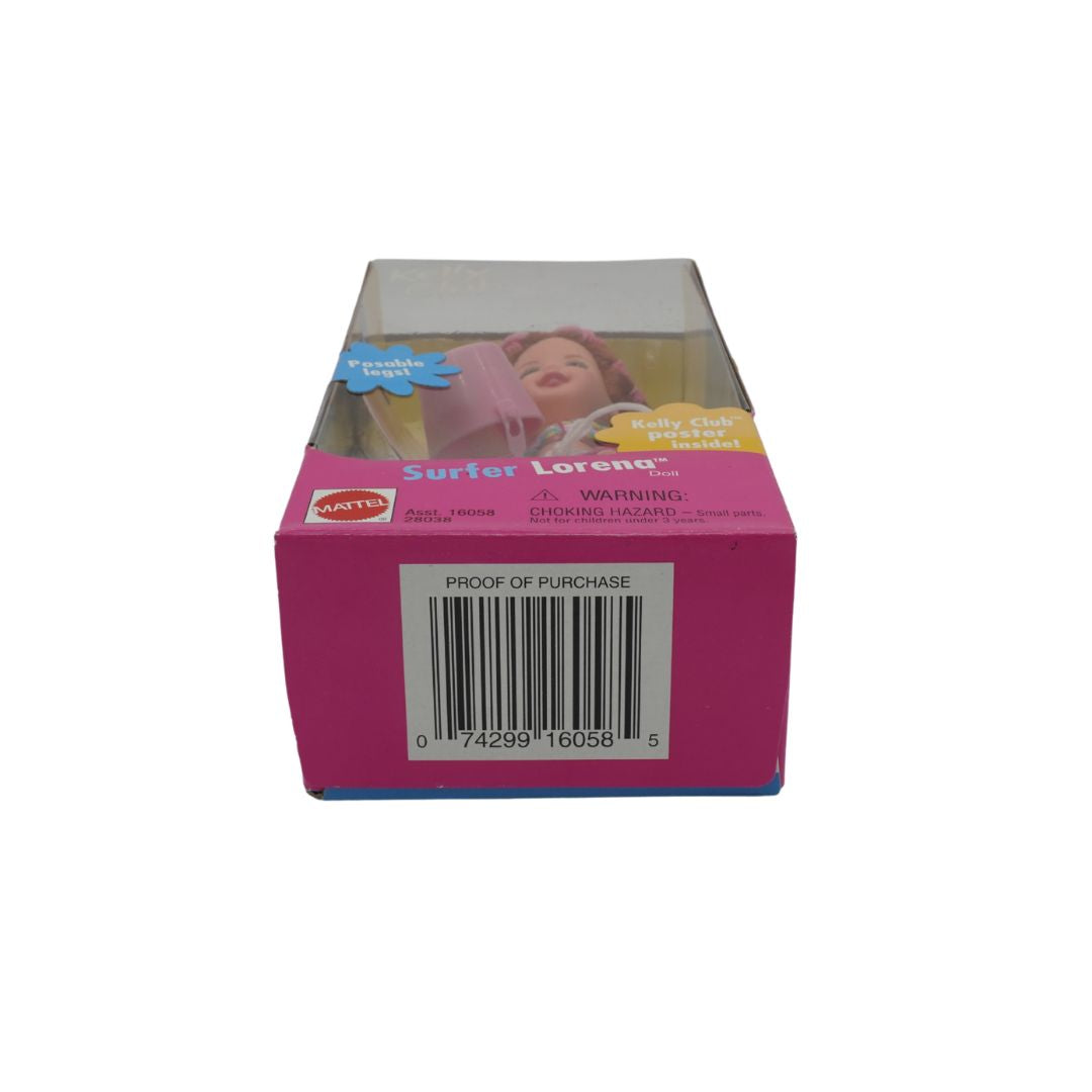 Box packaging of a doll named 'Surfer Lorena' with a barcode and warning label on a white background.