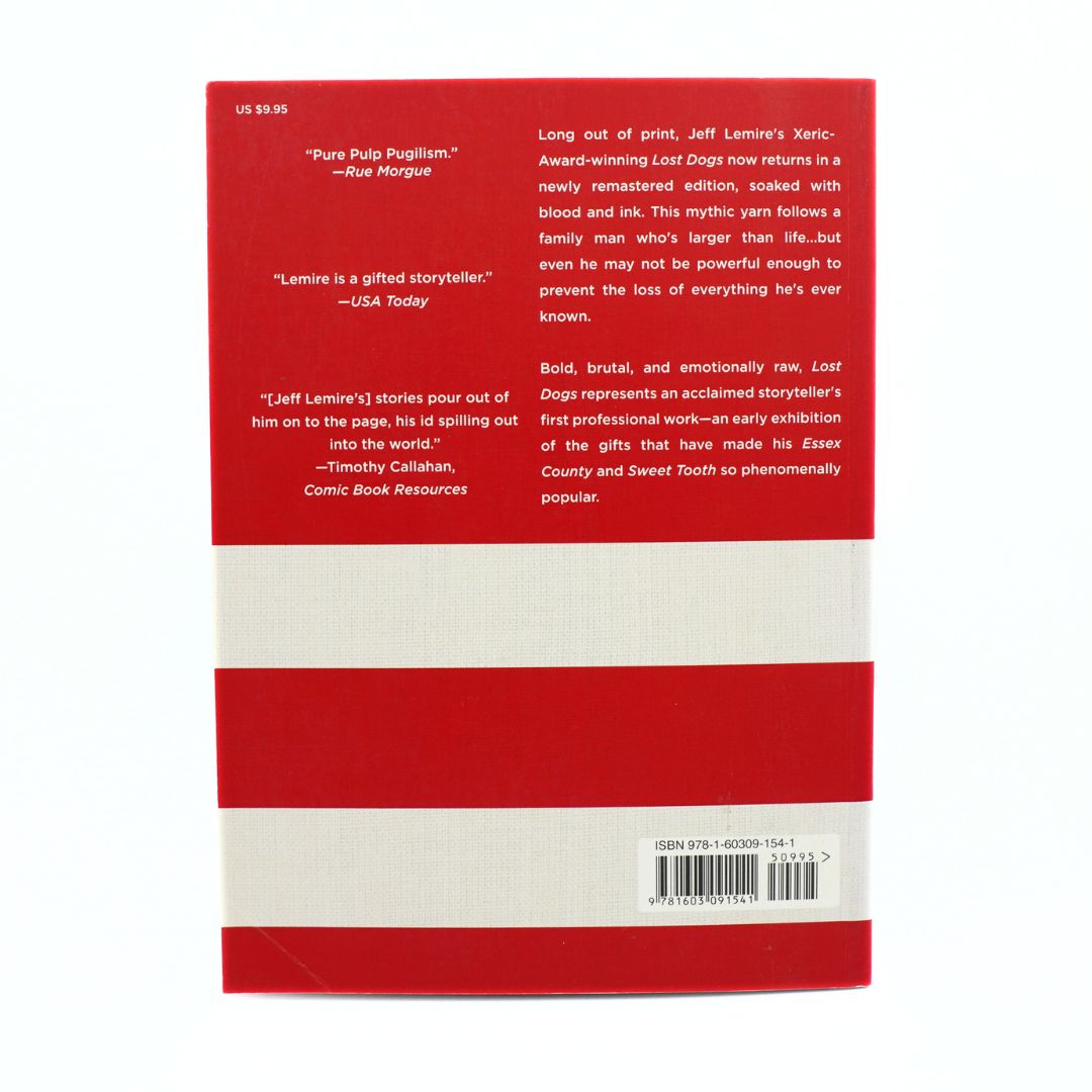 The back cover of a book, featuring a bold red and white horizontal striped design with white text blocks, a review quote at the top left, and a barcode at the bottom right.