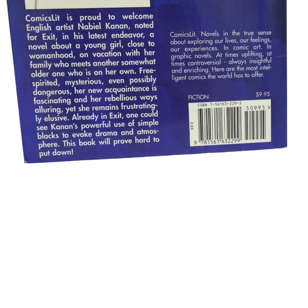 The back cover of a ComicsLit fiction book, featuring a dark blue background with white text, a barcode, and a $9.95 price, photographed against a white background.