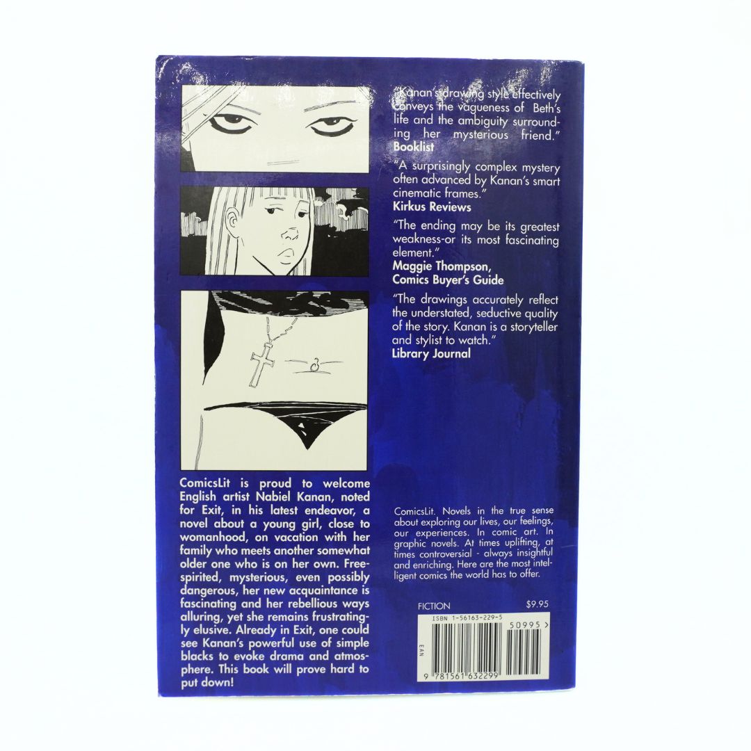 The back cover of the book 'Lost Girl by N Kanan, featuring a dark blue background with white text, promotional blurbs, comic-style character illustrations, and a barcode.