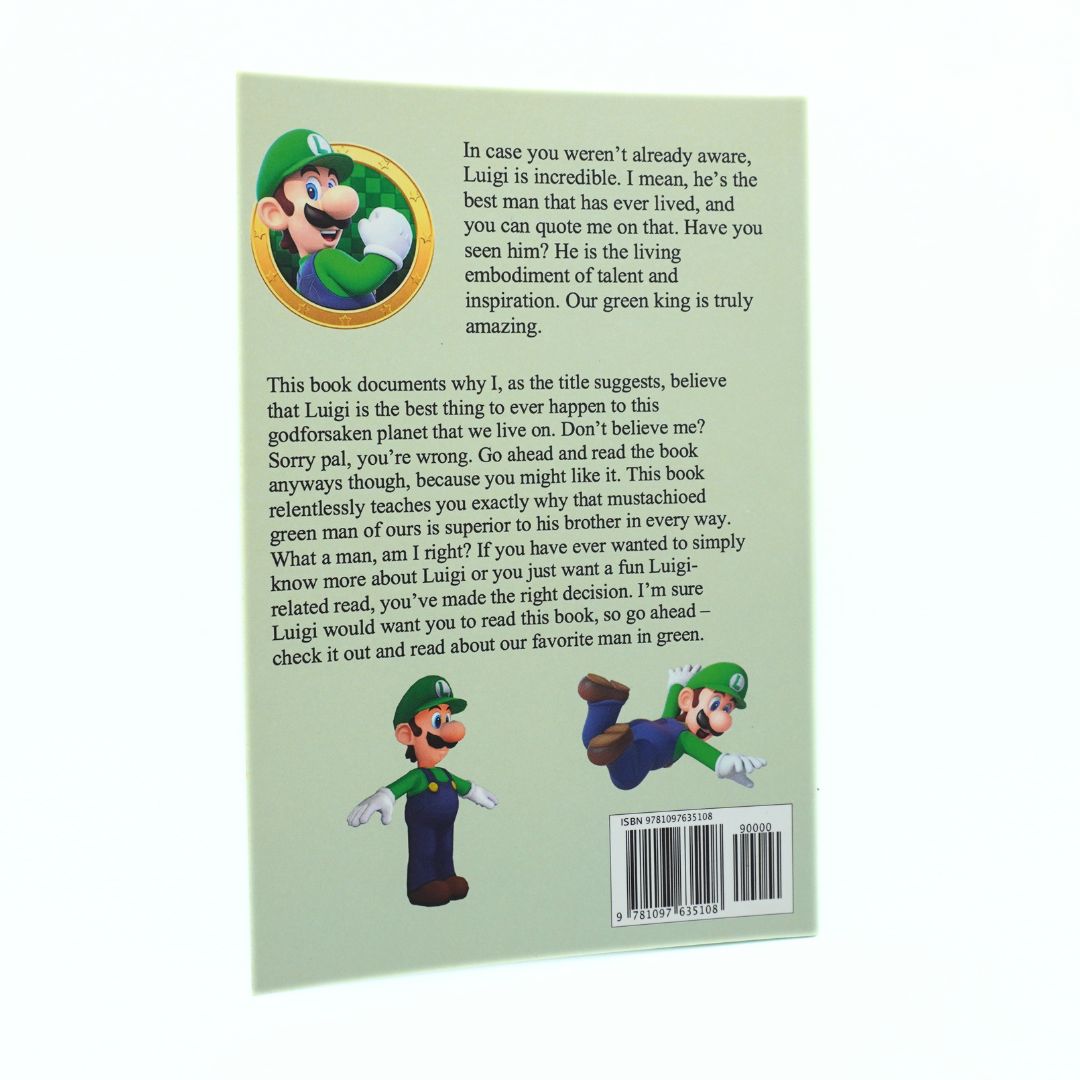 The back cover of a children's book featuring a light green background, playful text, and illustrations of Mario and Luigi with a barcode at the bottom.