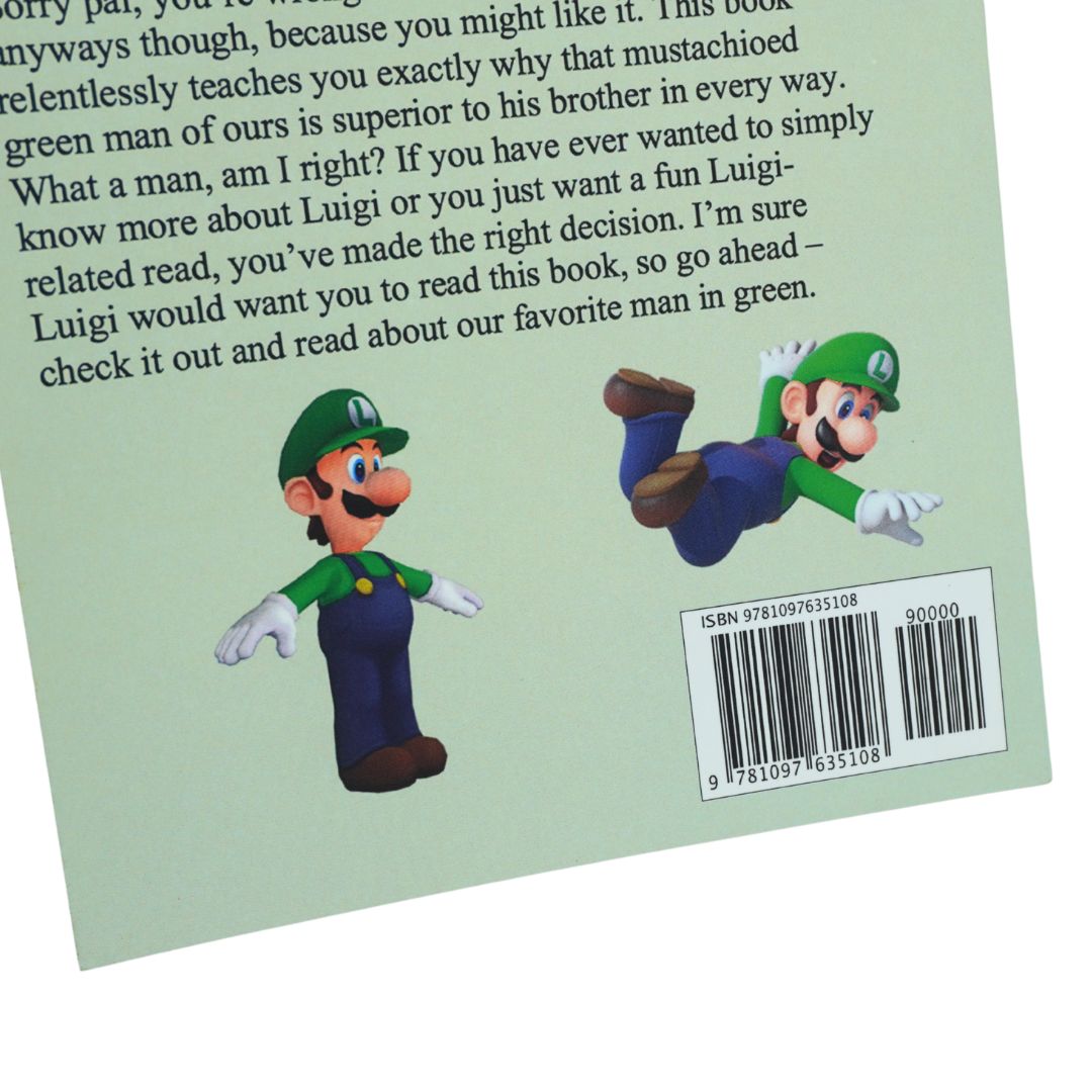 Back cover of a book featuring text, illustrations of Luigi in two poses, and a barcode on a pale green background.