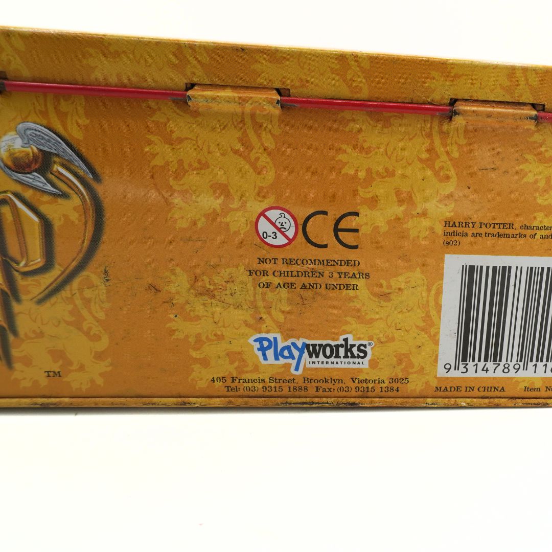 Yellow toy box with Playworks branding and CE marking on a white background