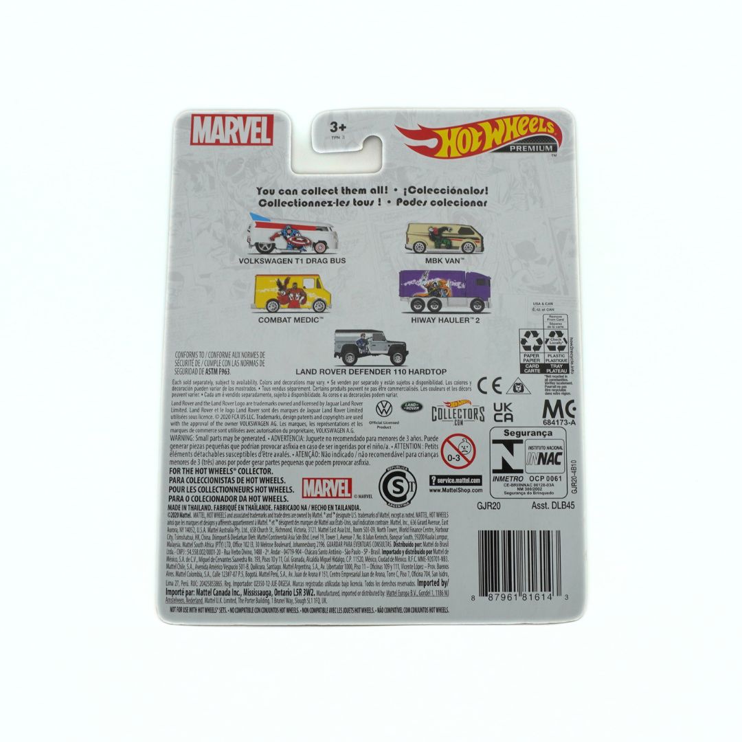 Hot Wheels Marvel toy car packaging with multiple vehicle illustrations on a white background
