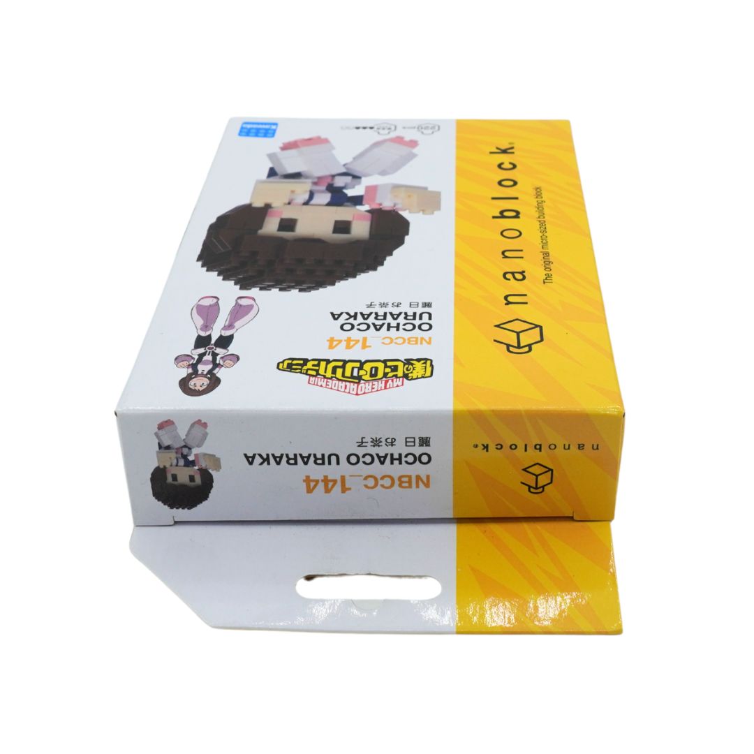 A boxed collectible figure package labeled 'nanoblock' with character artwork on a white and yellow box, photographed on a plain white background.