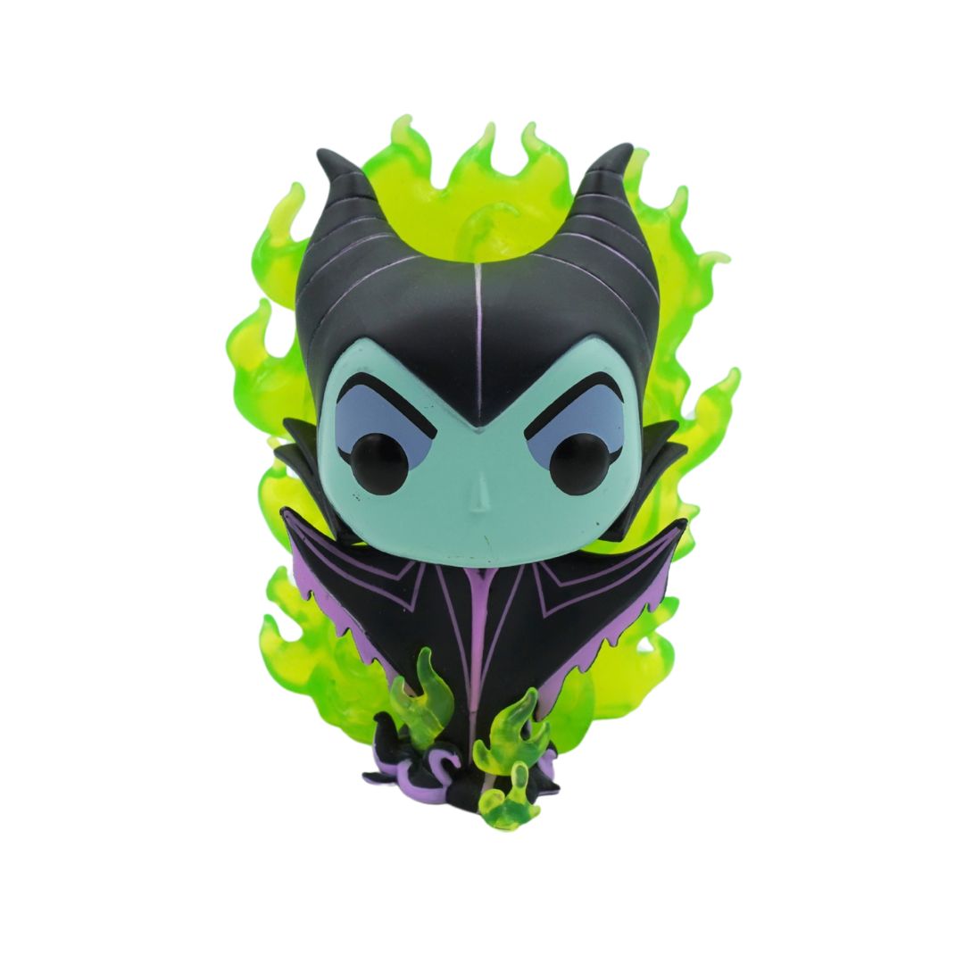 Funko Pop! vinyl figure of Maleficent with a black horned hat, pale teal face, and bright neon green and purple flame accents, centered on a plain white background.