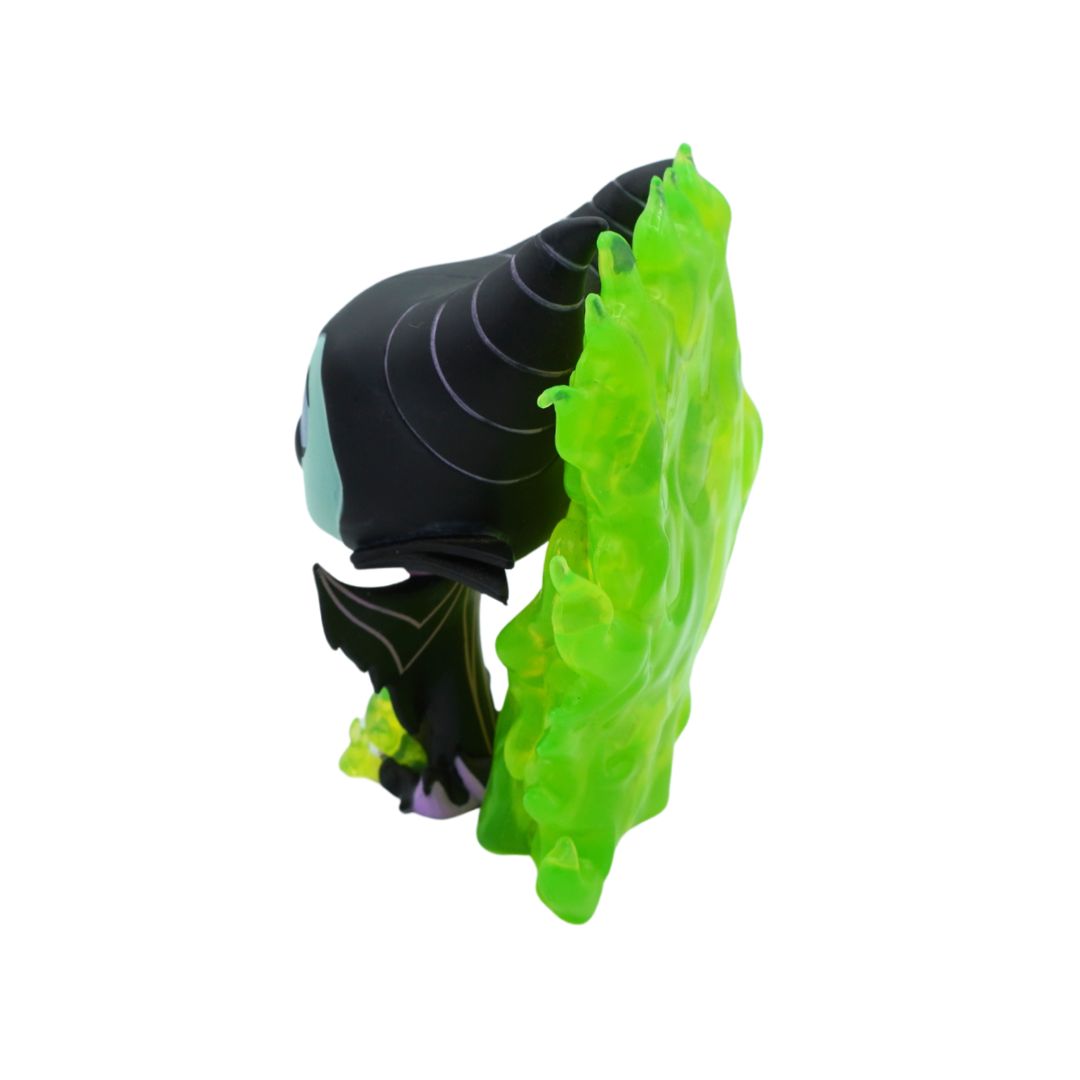 A Funko Pop! vinyl figure of Maleficent from Disney's The Princess and the Frog, shown from a side-back angle with her signature bright green translucent flame accessory attached.