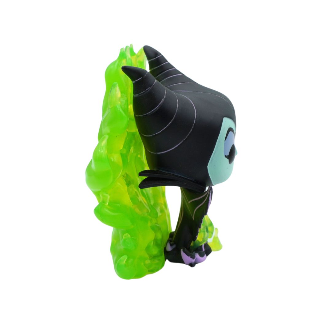 Funko Pop! vinyl figure of Maleficent from Disney's Sleeping Beauty, shown from a side-back angle with her signature green magical aura and black horned hat.