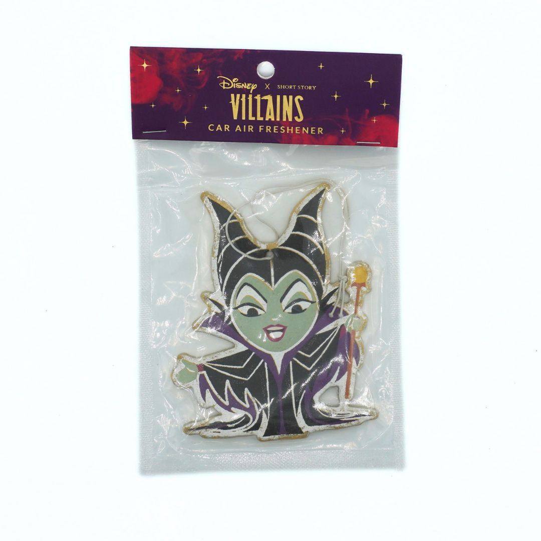 Disney Villains Maleficent car air freshener tag in its original packaging, featuring a cartoon-style Maleficent with green skin, black and purple clothing, and gold accents.