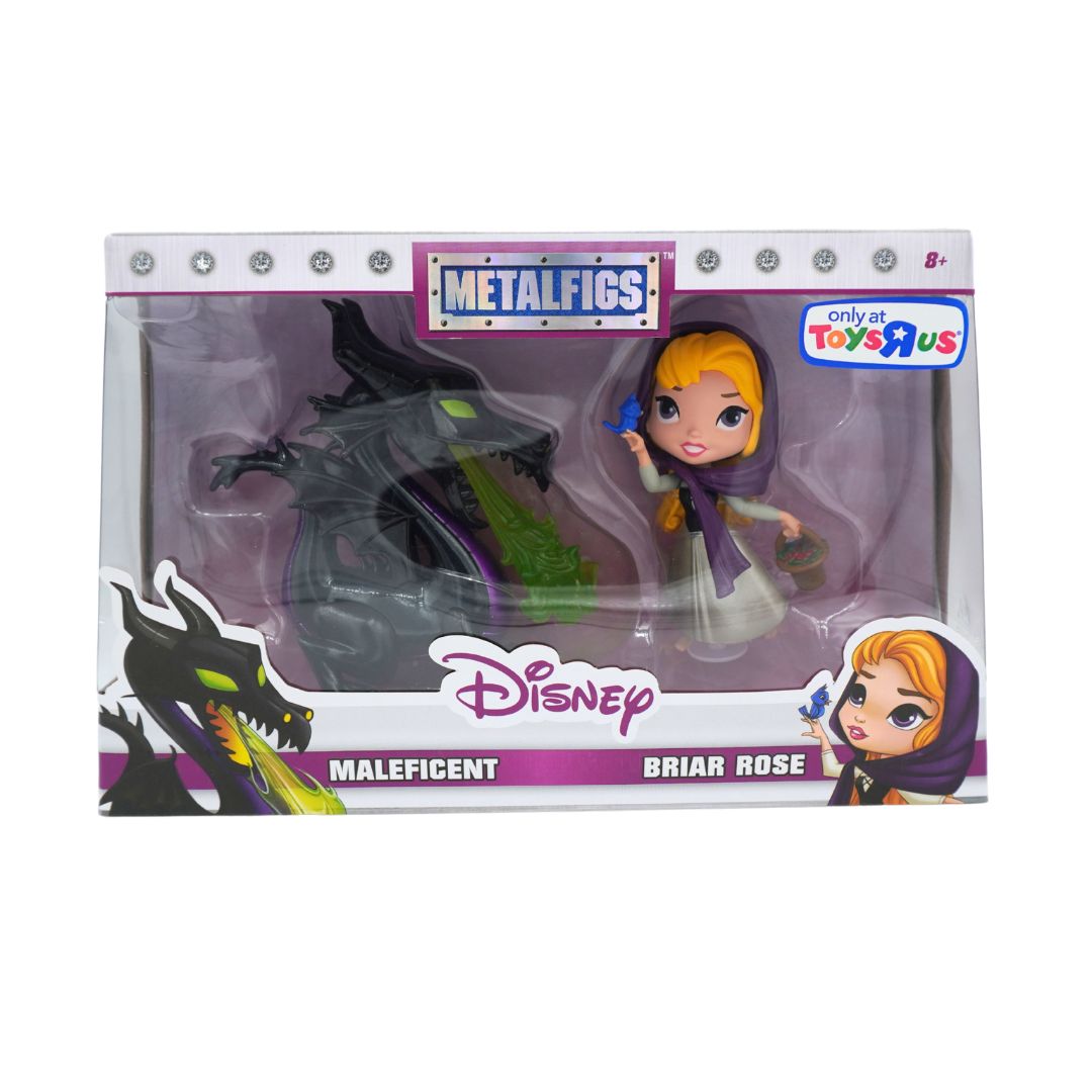 Disney Metalfics Briar Rose and Maleficent toy set in its original retail packaging, featuring a stylized Briar Rose figure and a black and green Maleficent dragon.