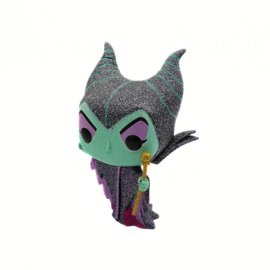 A Funko Pop! vinyl figure of Maleficent, featuring her signature glittery gray horned helmet, mint green skin, purple eyes, and a purple and gray cape with a gold staff accessory, set against a plain white background.