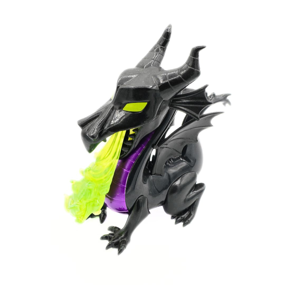 A black dragon figurine with glowing neon yellow-green eyes and a translucent flame-shaped breath that shifts from yellow-green to purple, shown on a plain white background.
