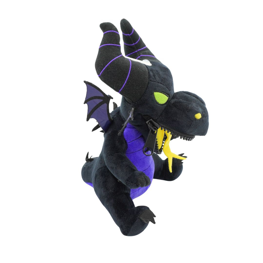 Black and purple dragon plush toy with green eyes and yellow mouth on a white background