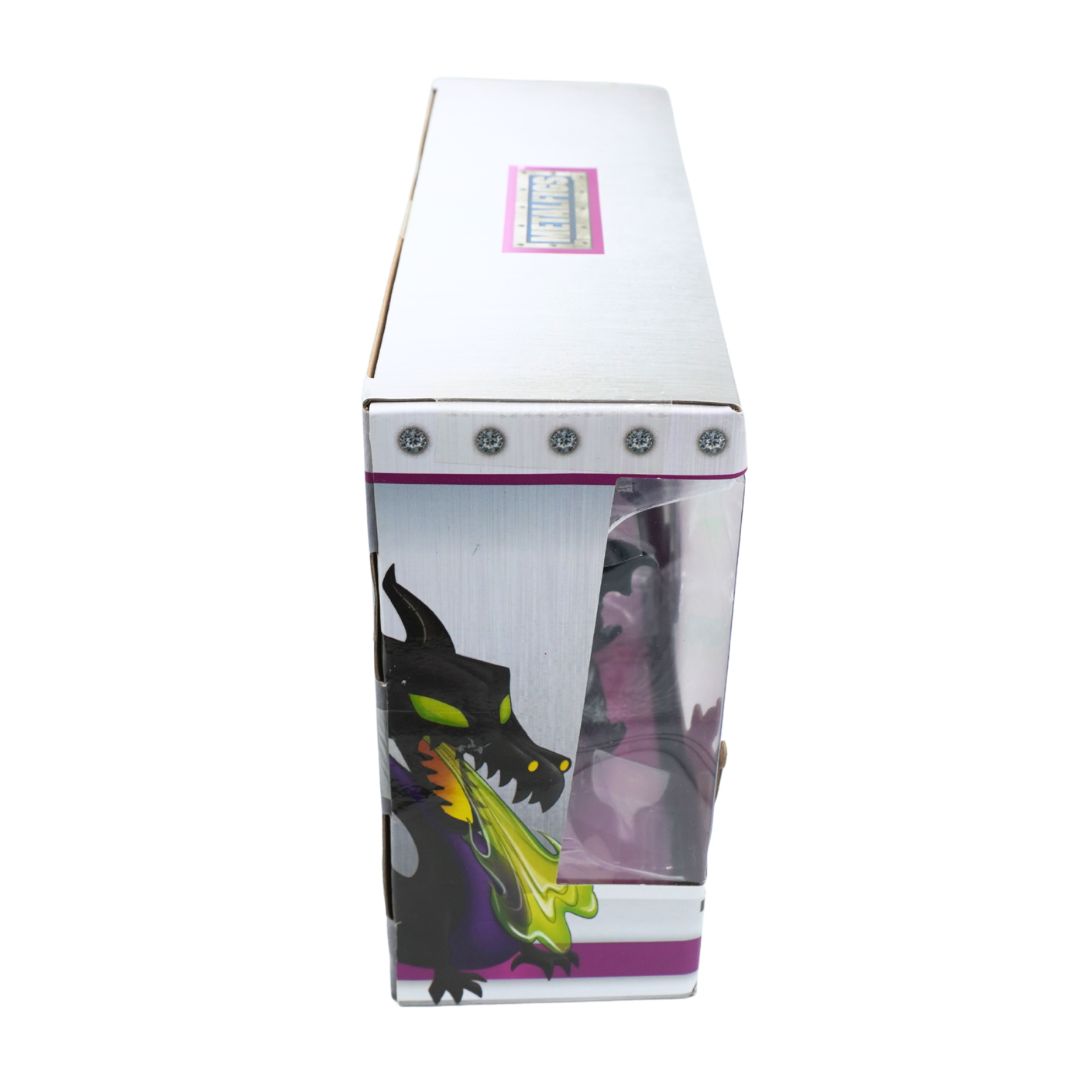 A tall, narrow white cardboard display box with a clear front window showing a purple dragon figure inside, plus a printed black dragon illustration on the lower left side.