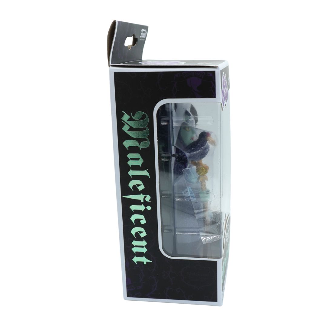 Packaged figurine with 'Maleficent' branding on a white background