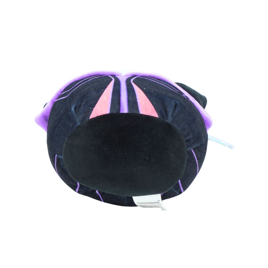 A black plush cushion or pillow with purple piping details and pink accent stripes, shown against a plain white background.