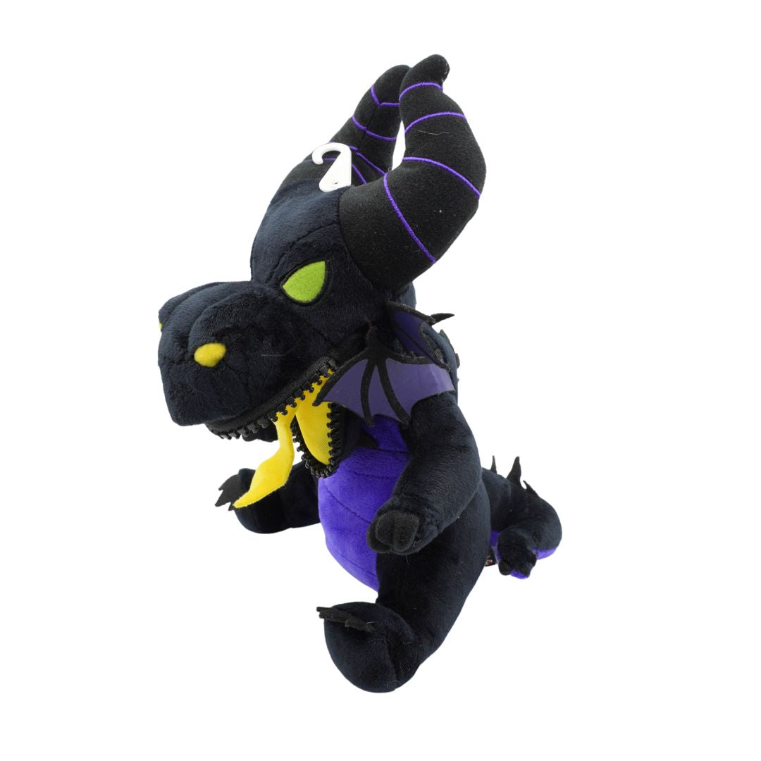 Black and purple plush toy with yellow accents on a white background