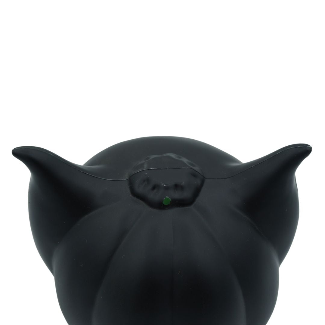 A black pumpkin-shaped piggy bank with small pointed ears and a tiny green accent at the top center, shown against a plain white background.