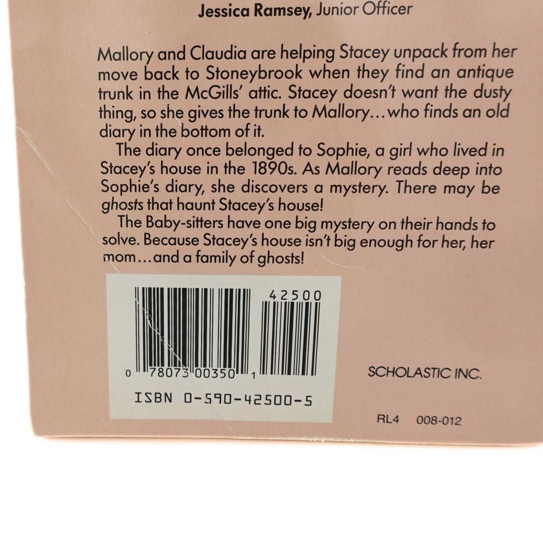 Barcode and ISBN on the back of the 1989 book Mallory and the Mystery Diary, showing some creasing