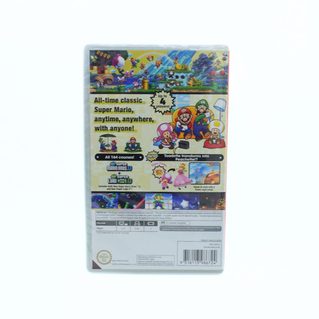 The back cover of a Super Mario 4 video game case, showing classic character artwork, promotional text, and feature highlights on a white background.