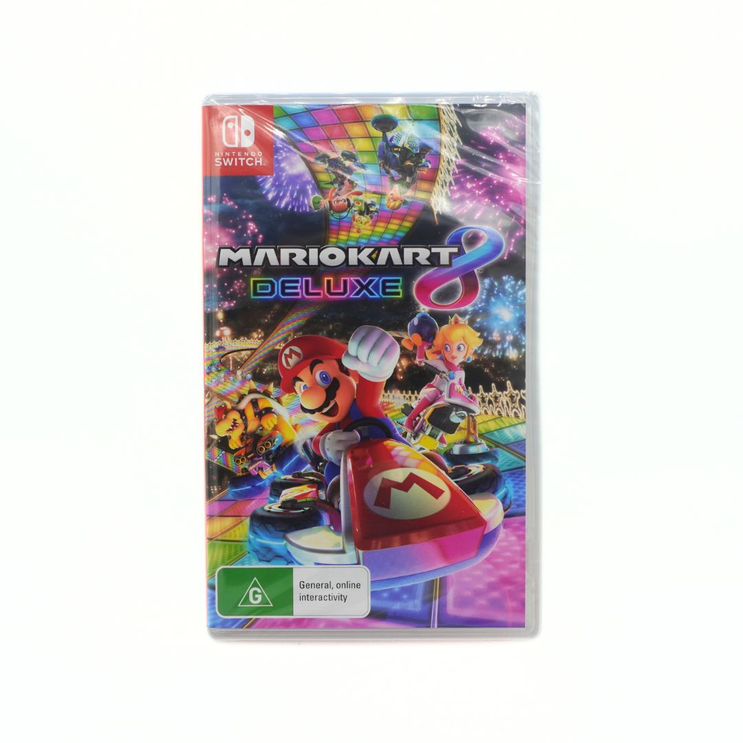 Mario Kart 8 Deluxe on Nintendo Switch with a rainbow design