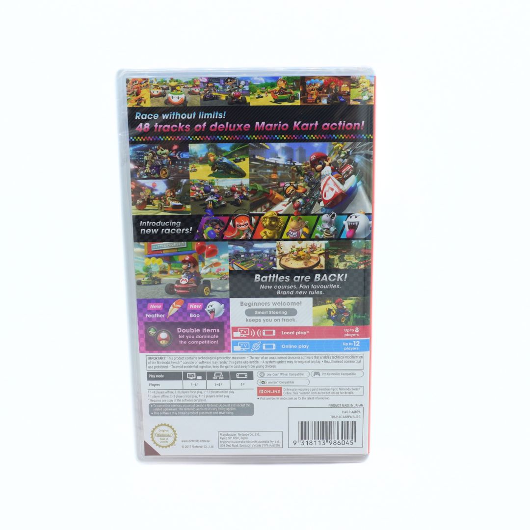 Back cover of a Mario Kart 8 Deluxe on Nintendo Switch with a rainbow design
