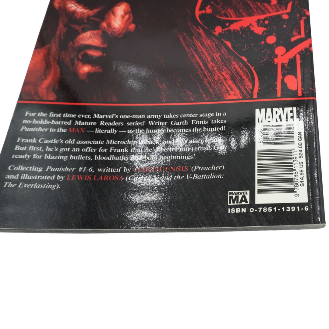 Back cover of a Marvel comic book, showing a black background with red artwork, a large Marvel logo, a barcode, and descriptive text.