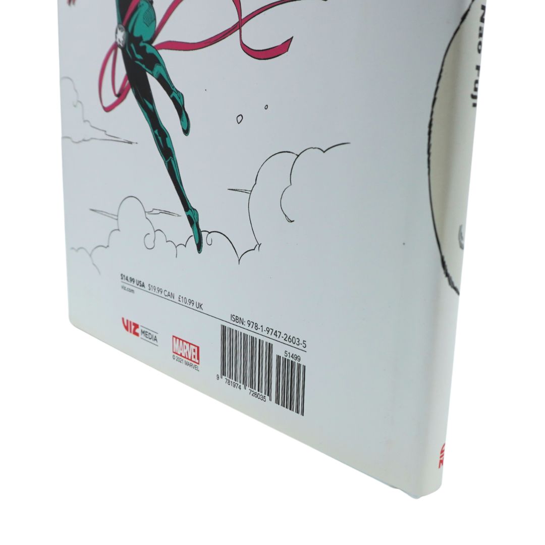 Close-up of the back cover of a comic book or graphic novel, showing part of a flying superhero illustration in green and red, cloud line art, ISBN text, and a Marvel logo near the bottom.