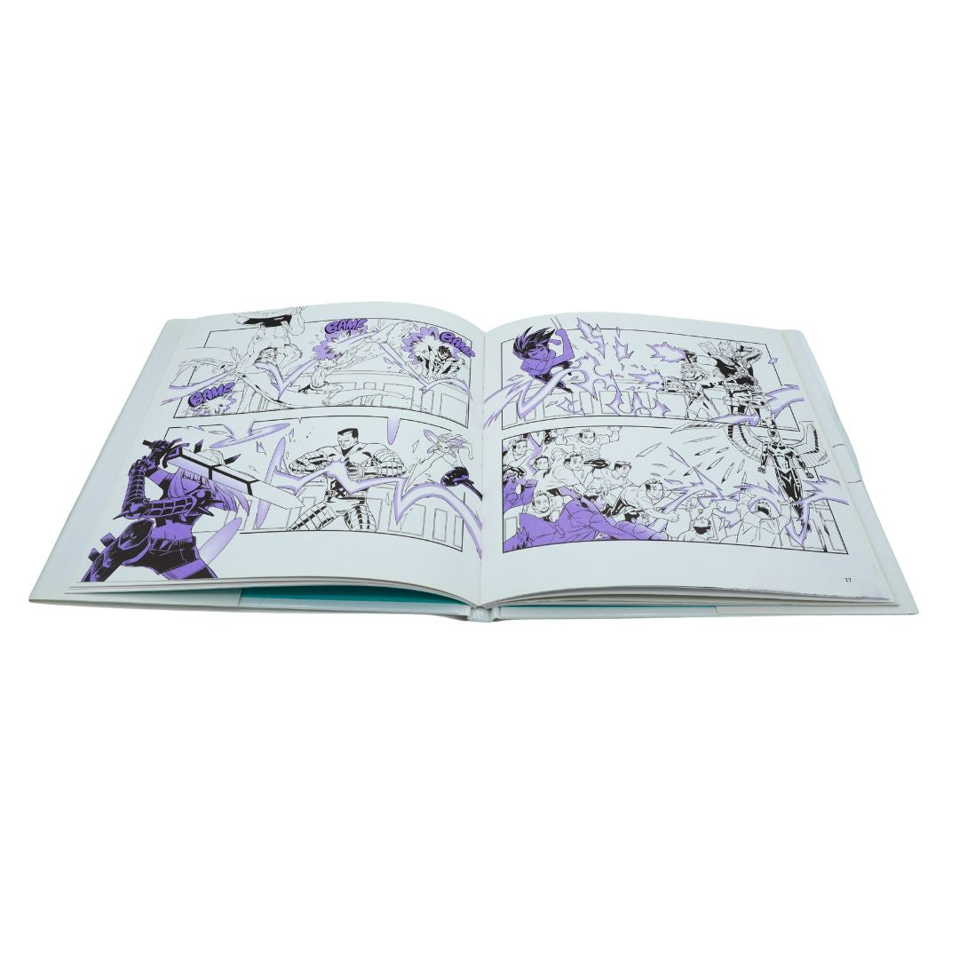 An open art book or comic-style print laid flat on a white background, showing illustrated black-and-white panels with prominent purple highlights.