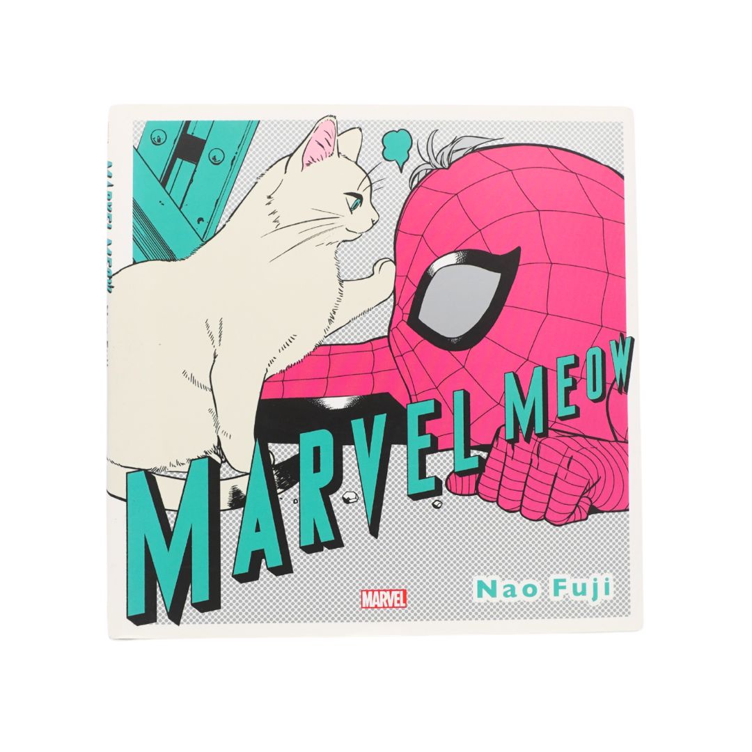 A square art print featuring a white cat in a comic-style illustration next to Spider-Man with the text 'MARVEL MEOW' and the Marvel logo, shown on a white background.