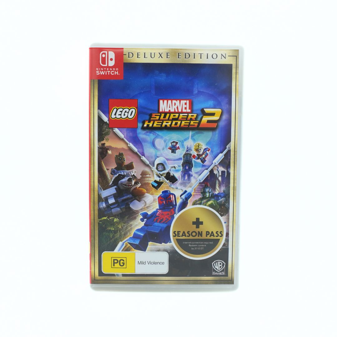 Nintendo Switch Deluxe Edition of LEGO Marvel Super Heroes 2 game case, featuring colorful cover art with LEGO and Marvel branding, a gold season pass badge, and a Switch logo in the top left.